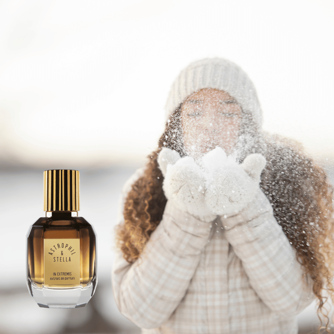 Winterdüfte bei scent amor mit Frau im Schnee und einem Nischenduft Astrophill + Stella