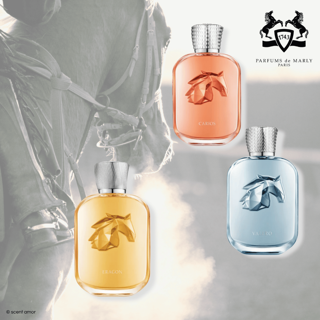 Parfums de Marly LES EXTRAITS – Drei Meisterwerke königlicher Parfumkunst mit Rennpferd im Hintergrund bei scent amor