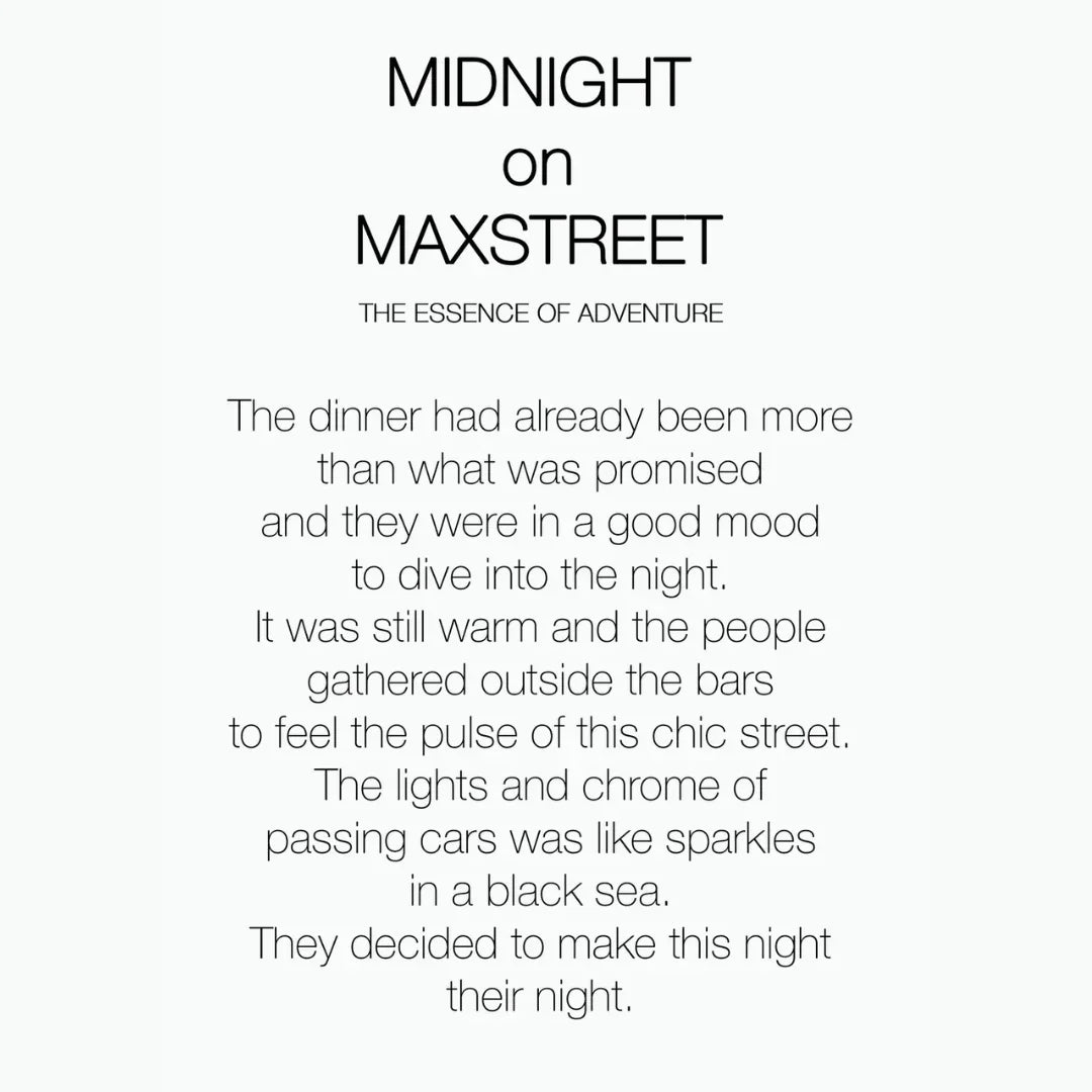 Plakat mit dem Text "MIDNIGHT ON MAXSTREET" von Philly & Phill, begleitet von einem poetischen Absatz über Nachtleben.