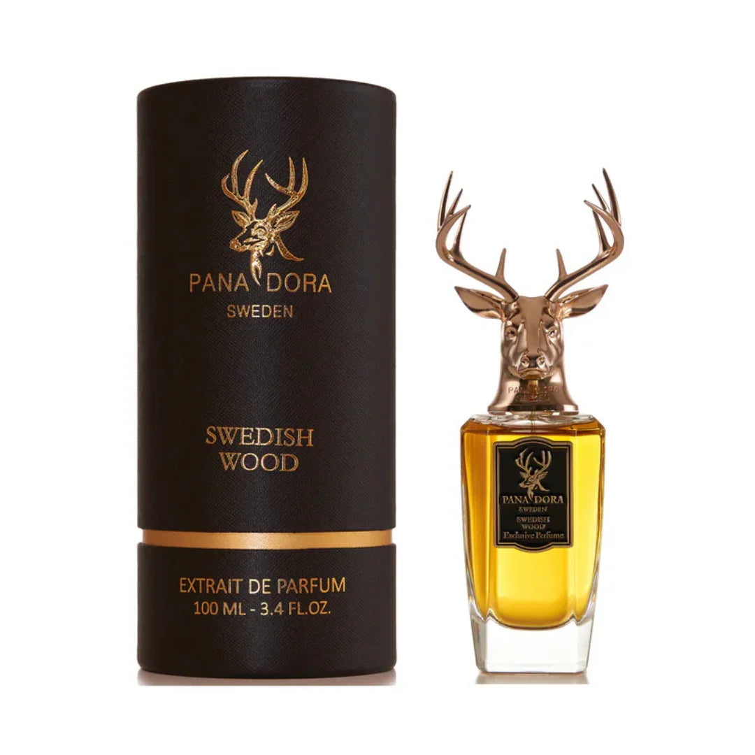 Der "Swedish Wood" Duft von Pana Dora zeigt einen Flakon mit Hirschkopf-Verschluss und eine schwarze Verpackung.
