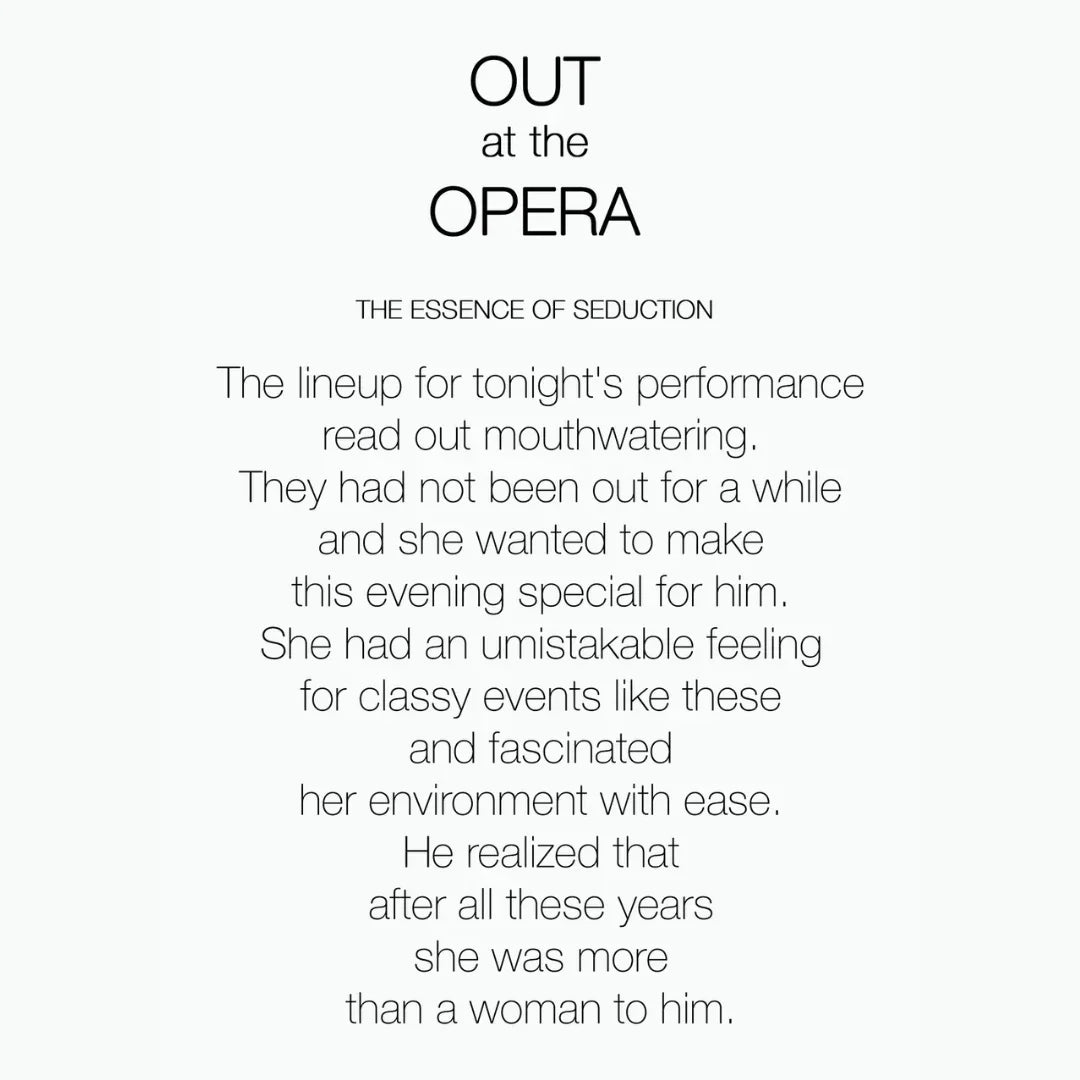 Poster mit dem Titel "OUT AT THE OPERA" von Philly & Phill, mit Gedichttext in grauer Schrift.