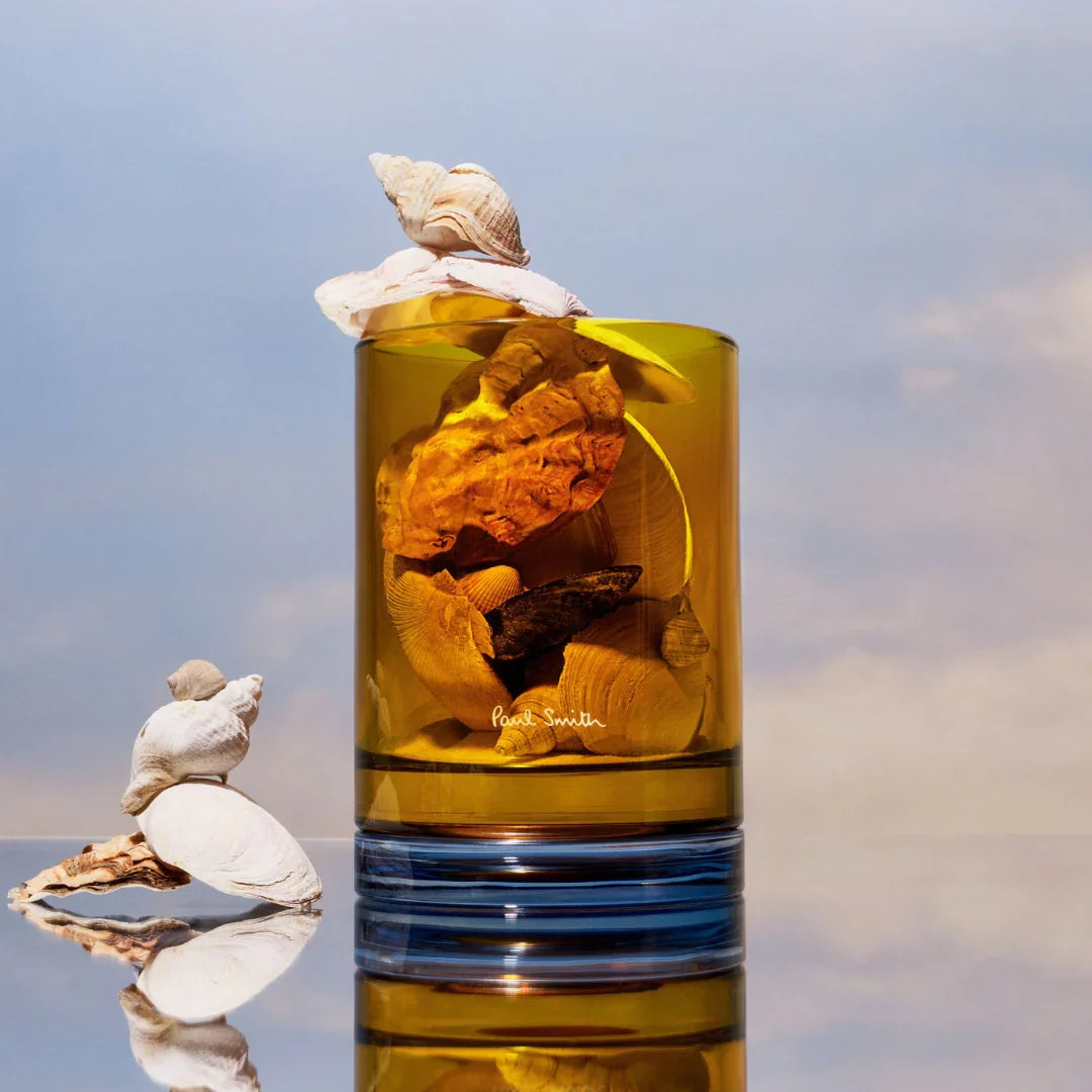 Day Dreamer Duftkerze von Paul Smith in einem bernsteinfarbenen Glas, dekoriert mit Muscheln.