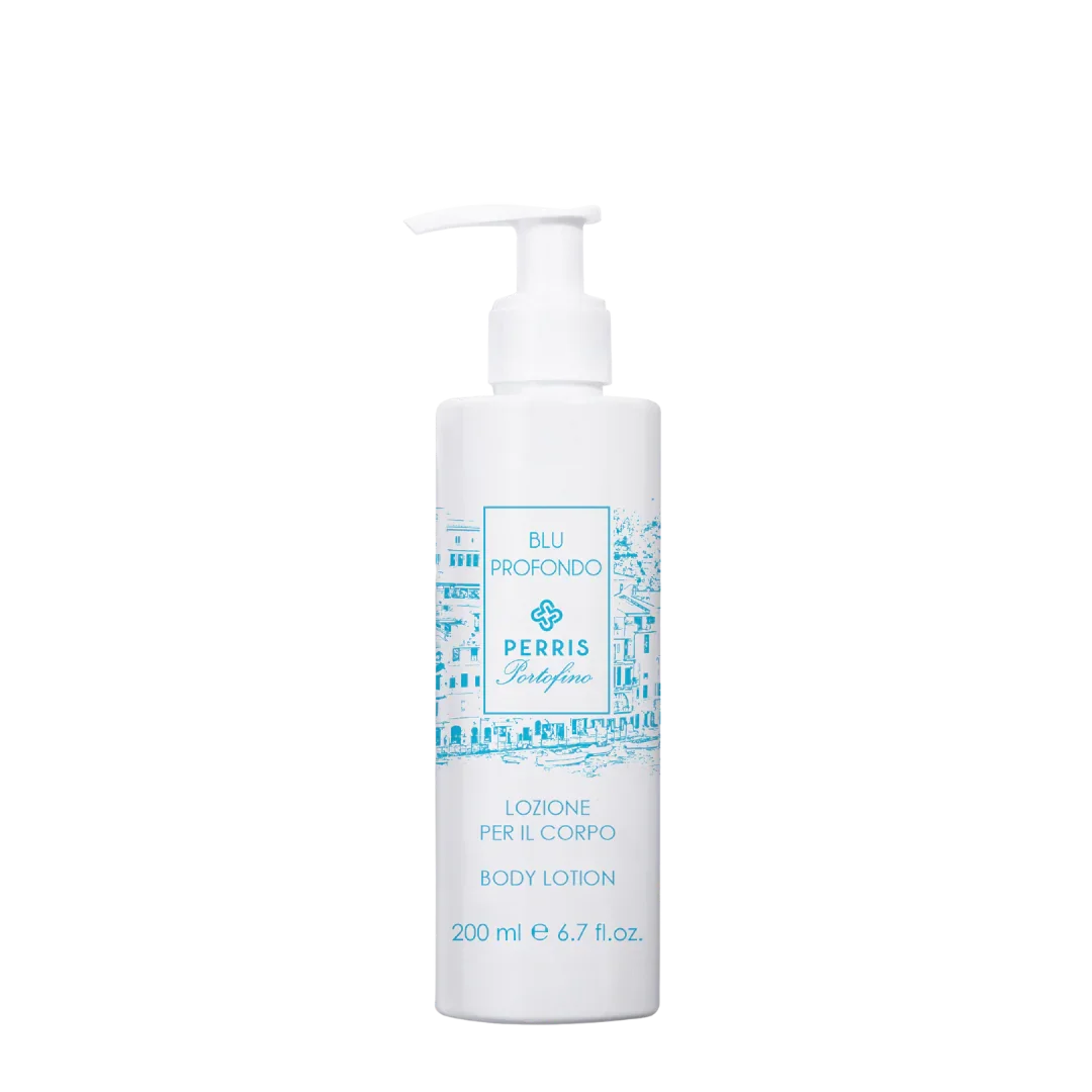 Perris Portofino - Blu Profondo - Body Lotion von Perris Monte Carlo. Weiße Flasche mit Pumpverschluss und blauem Etikett.