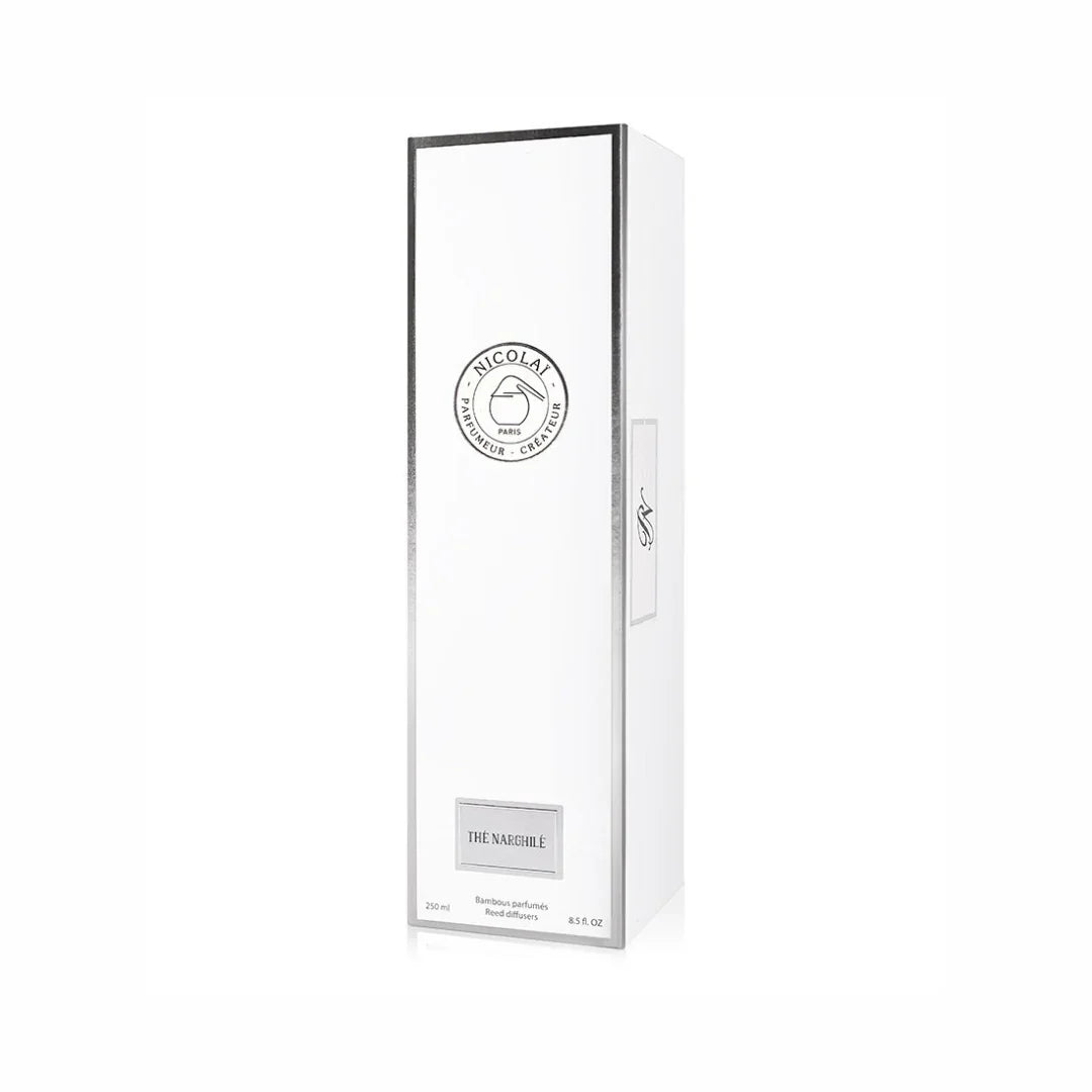 Weiße, rechteckige Verpackung mit schwarzem Rand und dem Logo "Nicolai". Produktname: "Thé Narghilé - Diffuser". Anbieter: "Nicolaï".