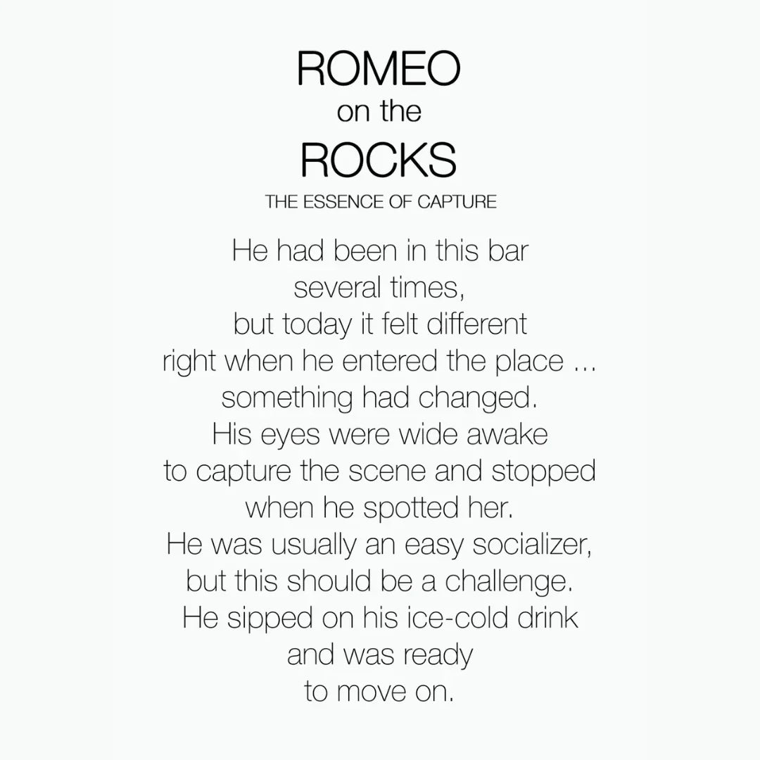 Text der Abbildungen "ROMEO ON THE ROCKS" und "Philly & Phill". Beschreibt eine Barszene mit einem Mann, der über seine Eindrücke nachdenkt.