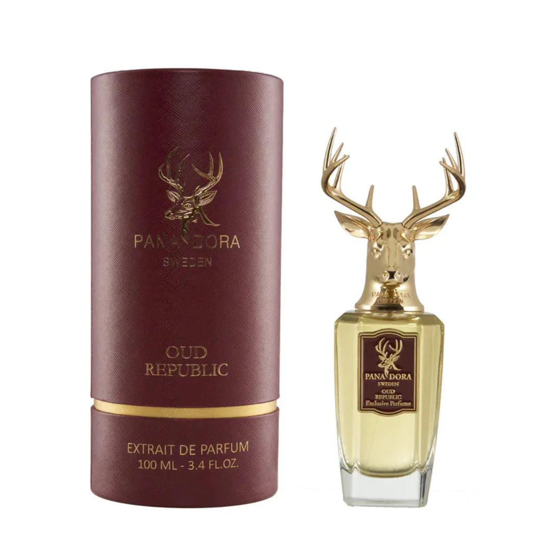 Parfumflakon "Oud Republic" von Pana Dora mit goldener Hirschkopf-Verschlusskappe und passender, zylindrischer Verpackung.