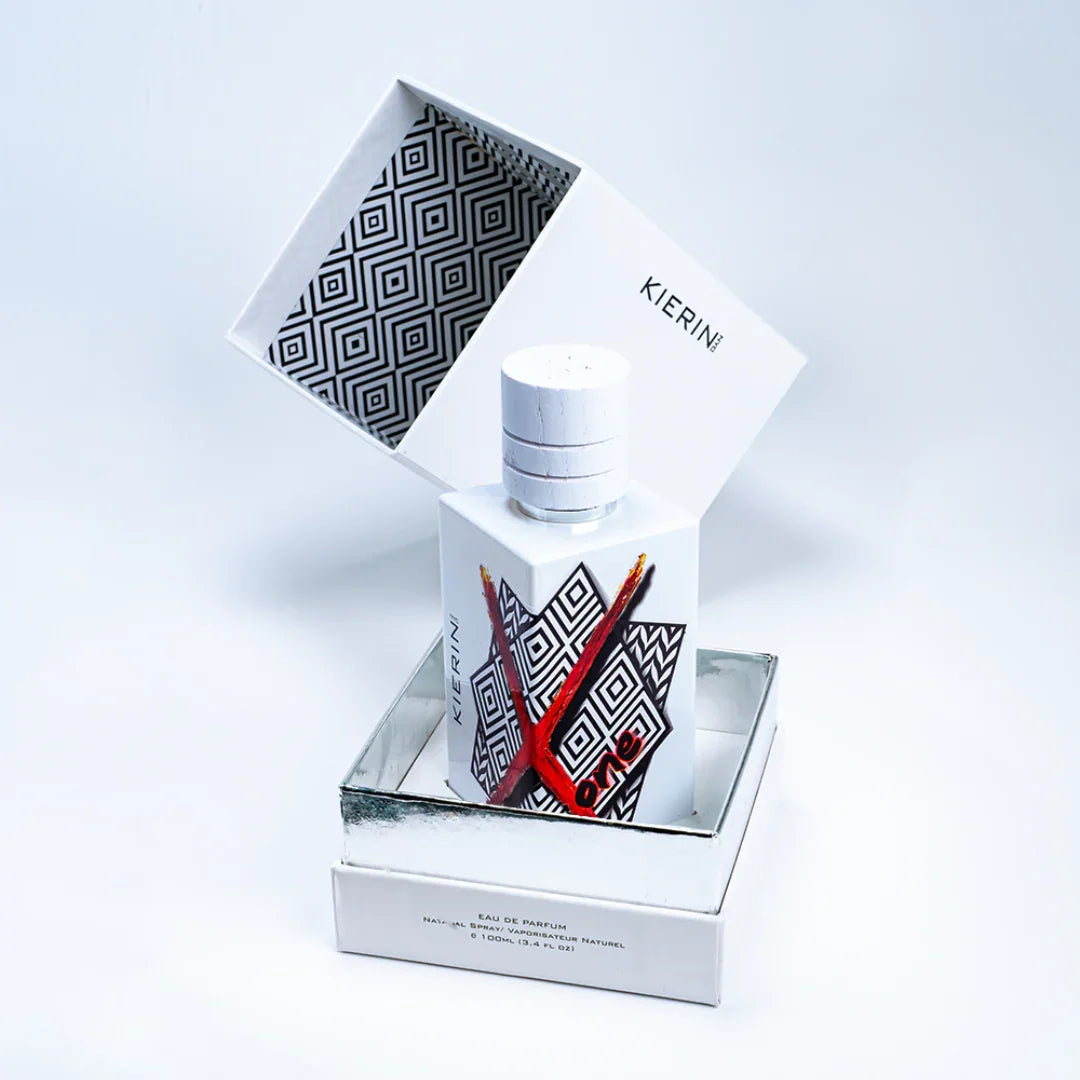Das Bild zeigt das "ScentXone" von "Kierin NYC", ein Parfümflakon in einer weißen Schachtel mit geometrischem Muster.