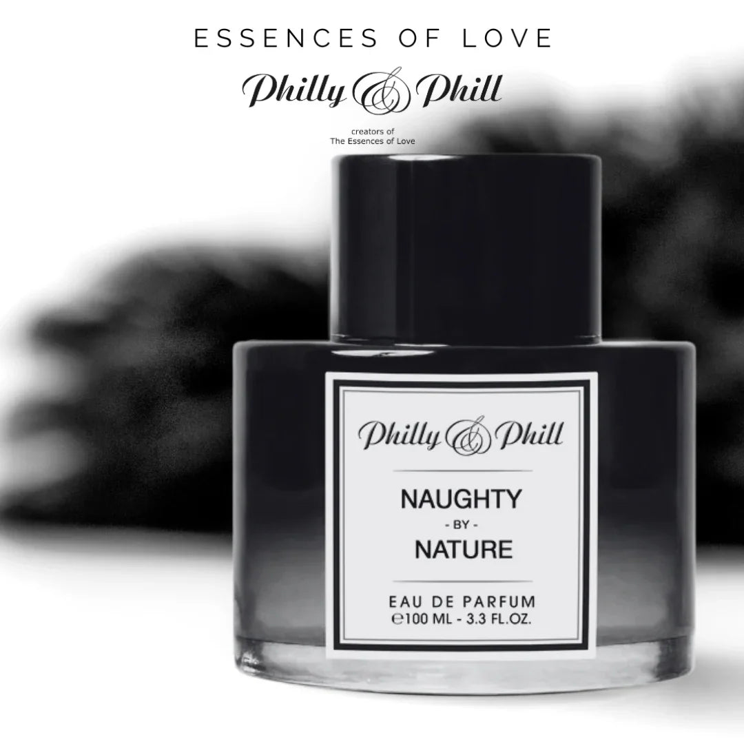 Schwarze Flasche mit weißem Etikett "Naughty by Nature", 100 ml Eau de Parfum von Philly & Phill.