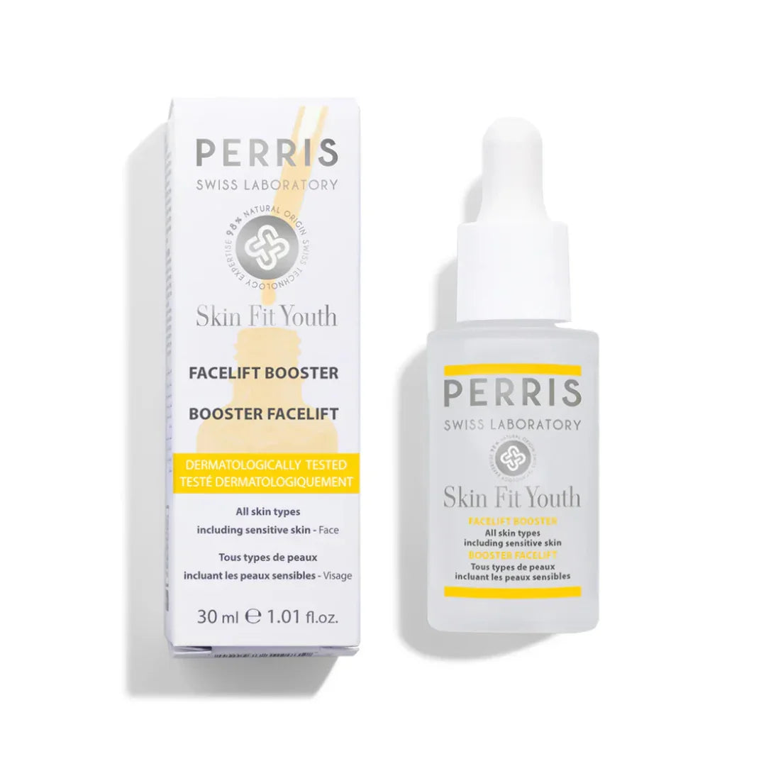 Perris Swiss Laboratory Skin Fit Youth Facelift Booster, Serumflasche mit Pipette, weiße Verpackung mit grauem und gelbem Text.