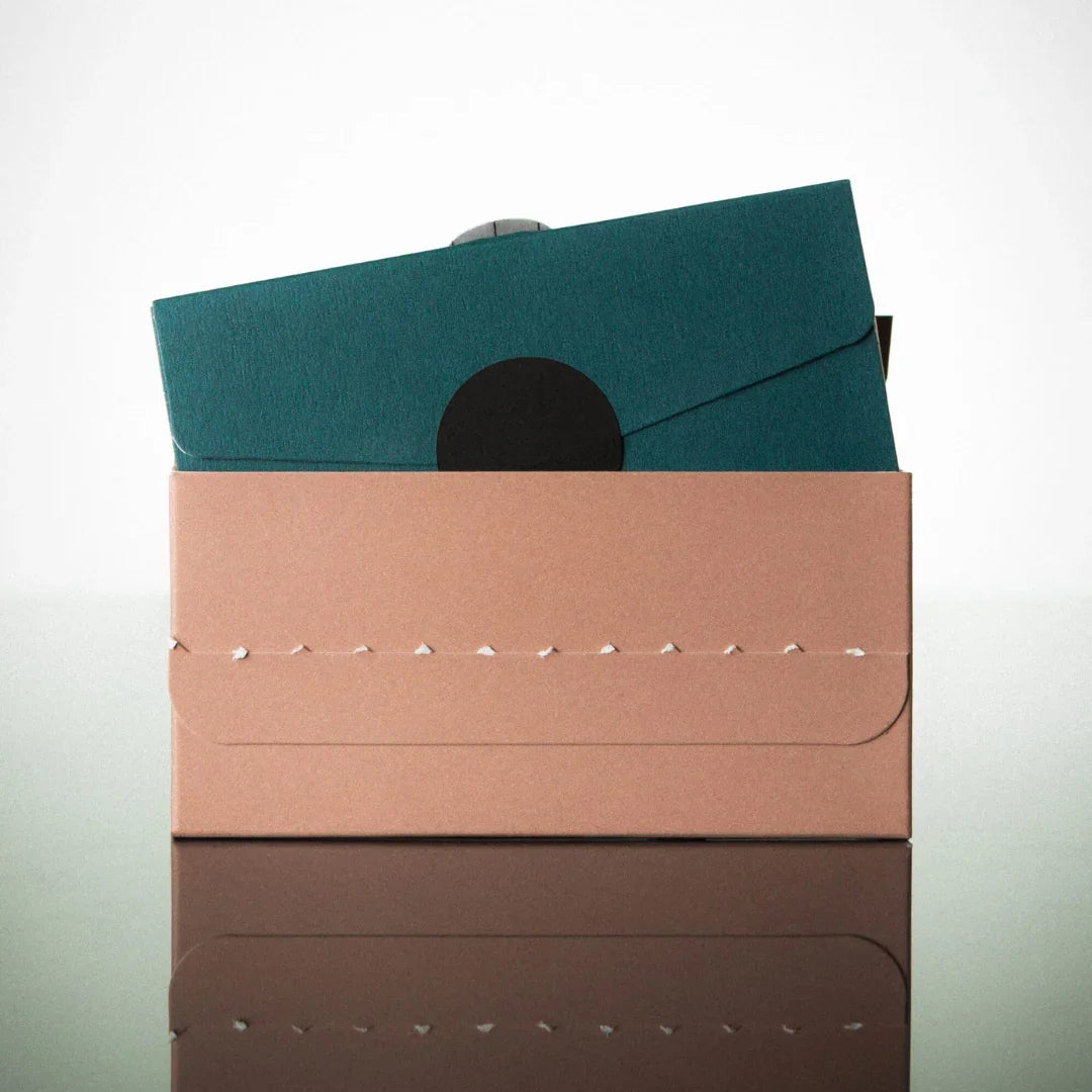 Ein Set mit einer rosa Schachtel und einem türkisfarbenen Umschlag mit schwarzem Verschluss. Produkt: Discovery Set 5 x 1,5 ml, Anbieter: Pantomime.