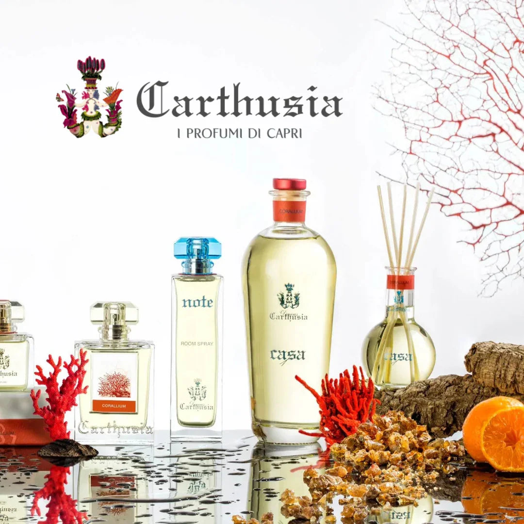 Gemme di Sole Diffuser von Carthusia: Ein eleganter Raumduft-Diffuser mit klarer Flüssigkeit in einer Glasflasche mit Holzstäbchen.