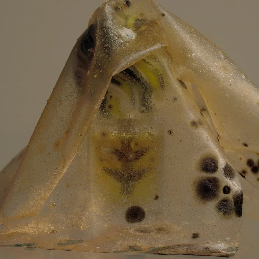 Stora Skuggan Sample Set von Stora Skuggan: Durchsichtiger pyramidenförmiger Gegenstand mit braunen und gelben Einsprengseln.