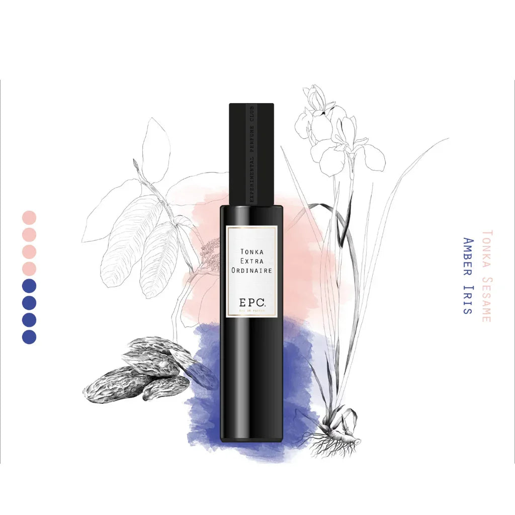 Schwarze Flasche des "Tonka Extraordinaire" Parfums von "Experimental Perfume Club" mit künstlerischen Skizzen im Hintergrund.