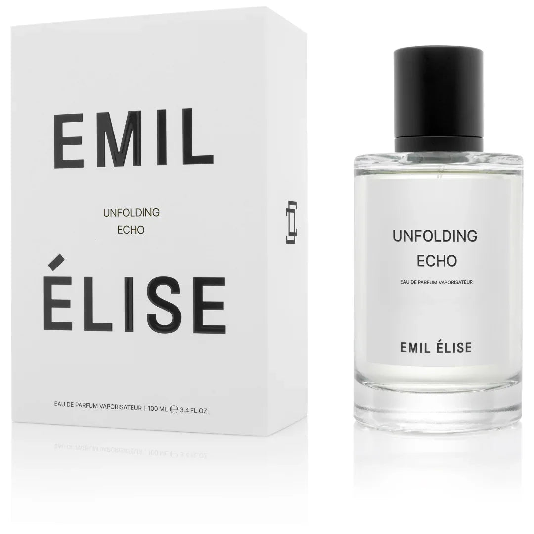 Parfümflakon "Unfolding Echo" von Emil Élise neben einer weißen Verpackung mit schwarzer Aufschrift.