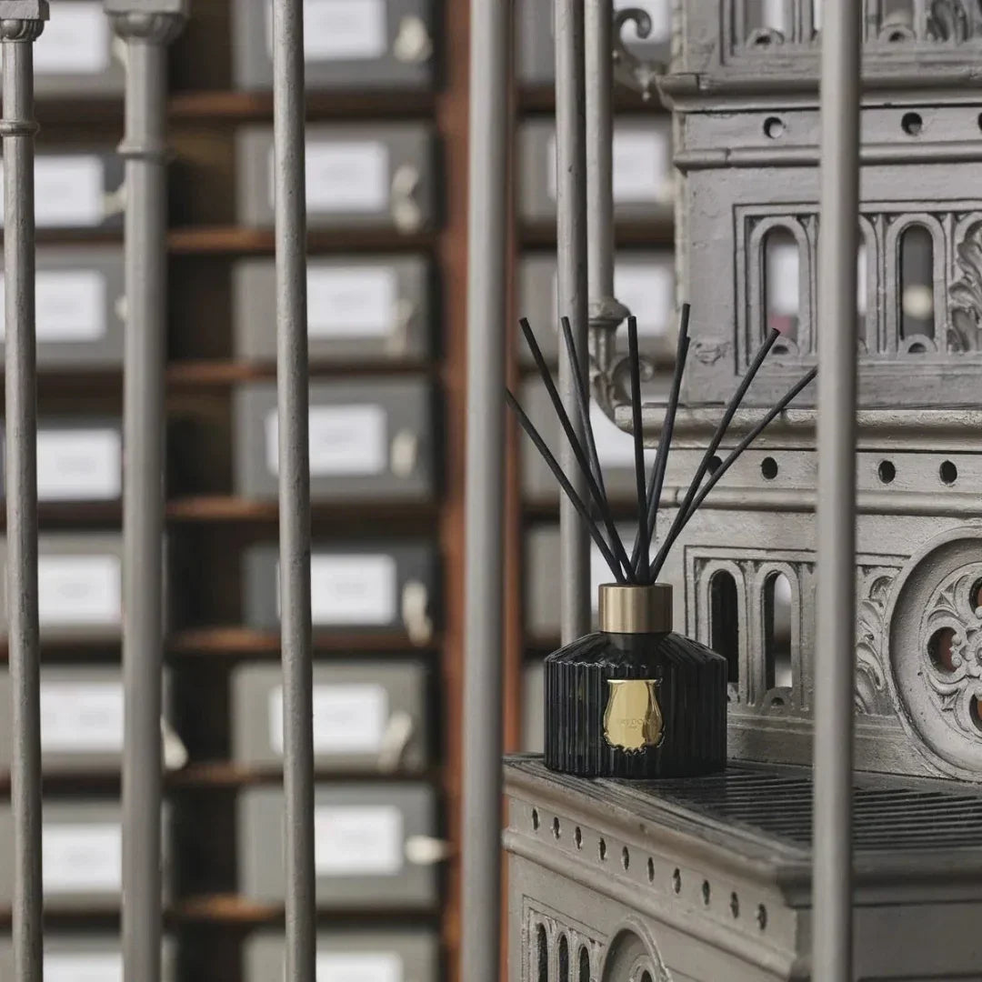 SPIRITUS SANCTI - Diffuser von Trudon, ein schwarzer, facettierter Flakon mit goldener Verzierung und schwarzen Stäbchen.