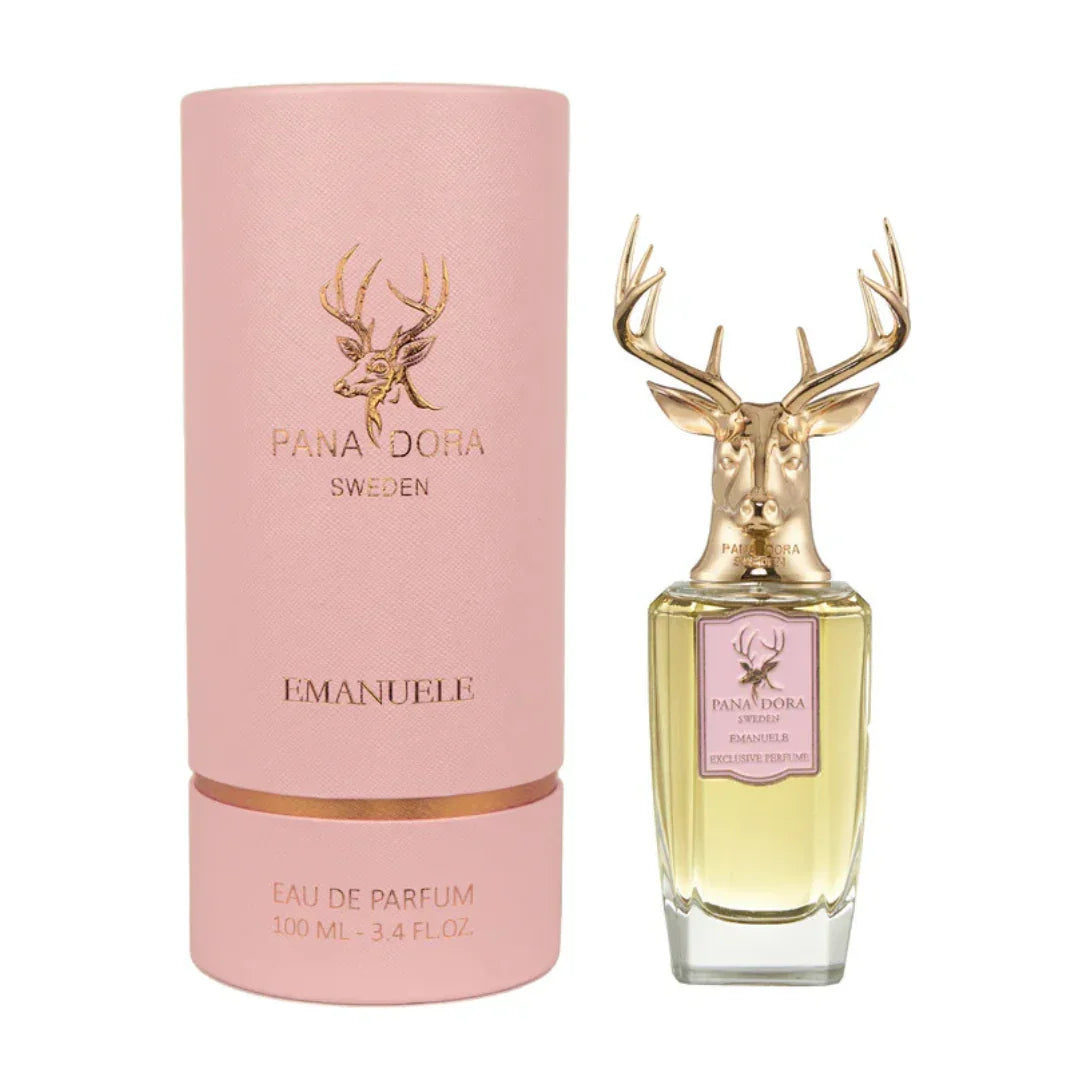 Parfümflasche Emanuele von Pana Dora mit goldenem Hirschkopf-Verschluss und rosa Verpackung.