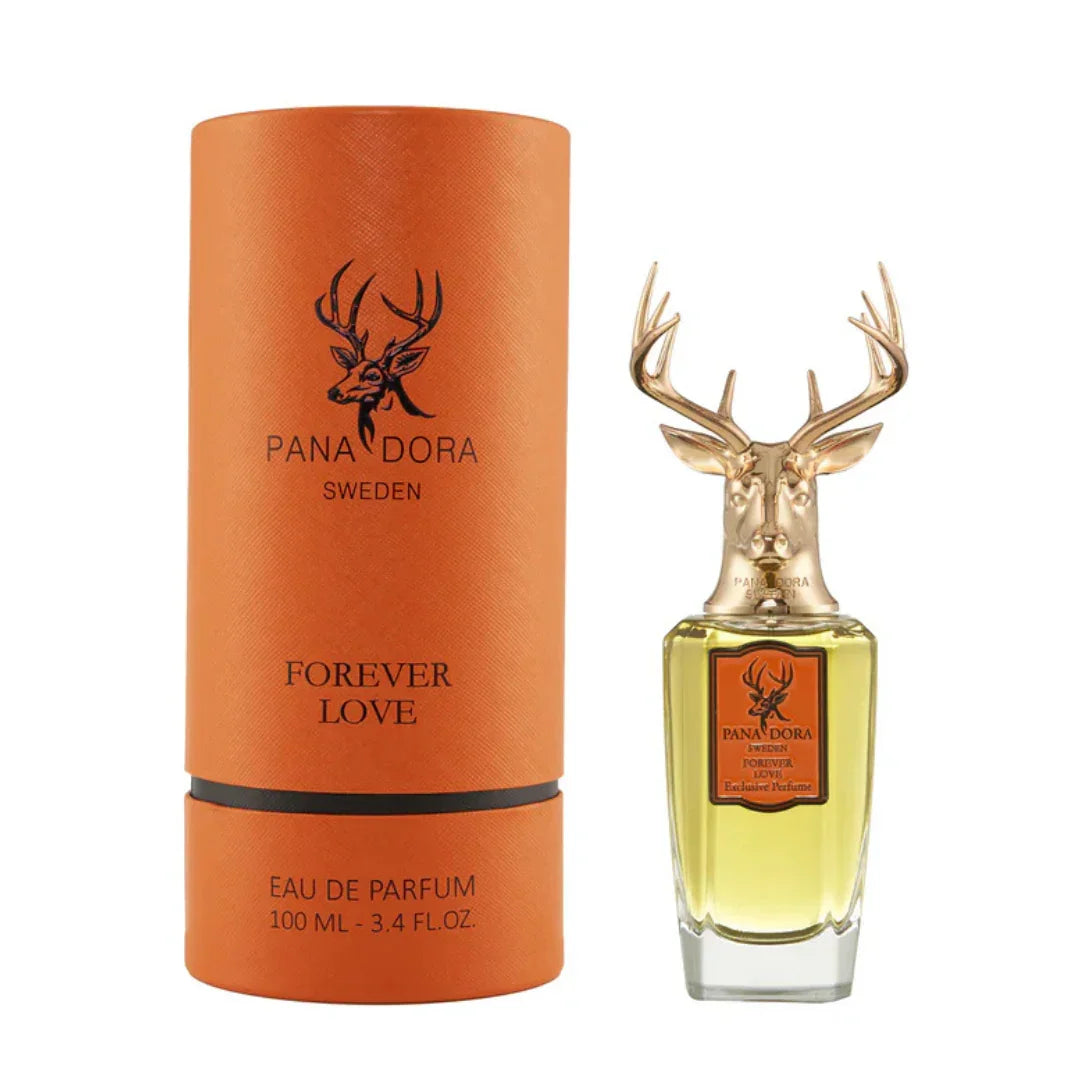 "Forever Love" Parfumflasche von Pana Dora mit einem goldenen Hirschkopfdeckel, neben oranger Verpackung.