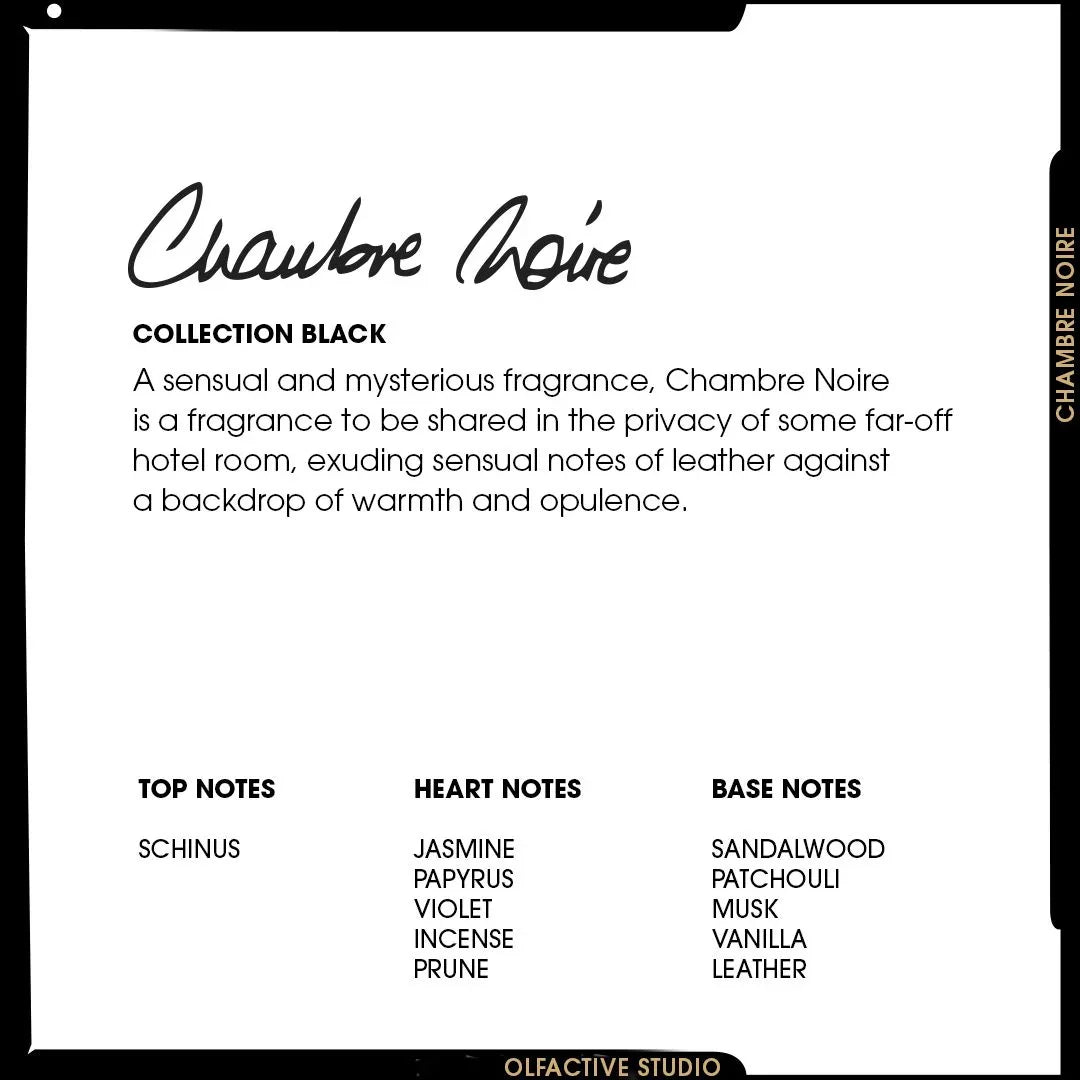 Produkt "Chambre Noir" von Olfactive Studio. Weißer Hintergrund mit schwarzem Text, der Duftnoten und Beschreibung zeigt.