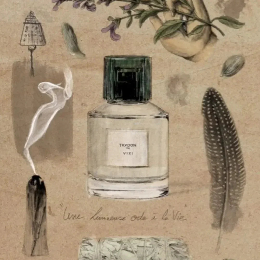 Parfümflakon "VIXI" von Trudon mit grünem Verschluss, umgeben von botanischen Illustrationen und anderen symbolischen Elementen.
