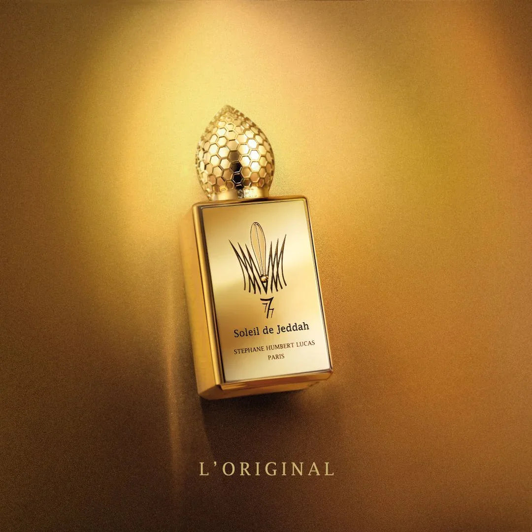 Goldene Parfümflasche mit wabenartigem Verschluss, "Soleil de Jeddah Original" von Stéphane Humbert Lucas.