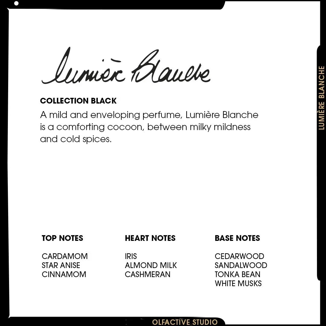 "Lumiere Blanche" von Olfactive Studio, Duftbeschreibung mit handschriftlichem Schriftzug oben, Duftnoten unten.