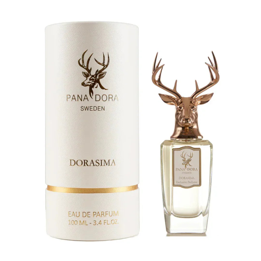 Duft "Dorasima" von Pana Dora. Quadratflakon mit goldener Hirschfigur und passender weißer Geschenkbox mit goldenen Details.