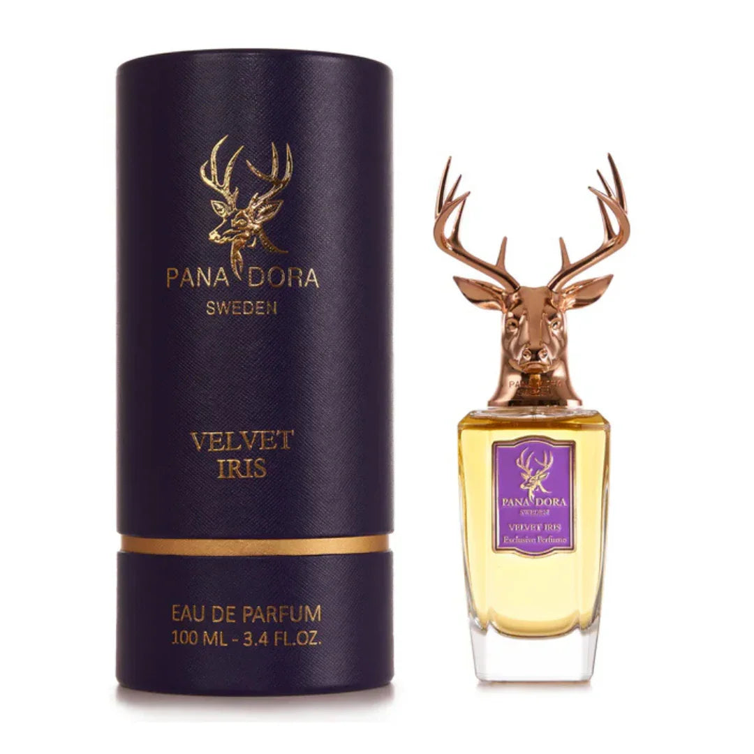Parfümflakon "Velvet Iris" von Pana Dora, 100 ml, mit goldfarbenem Hirschkopfdeckel und passender lila Verpackung.
