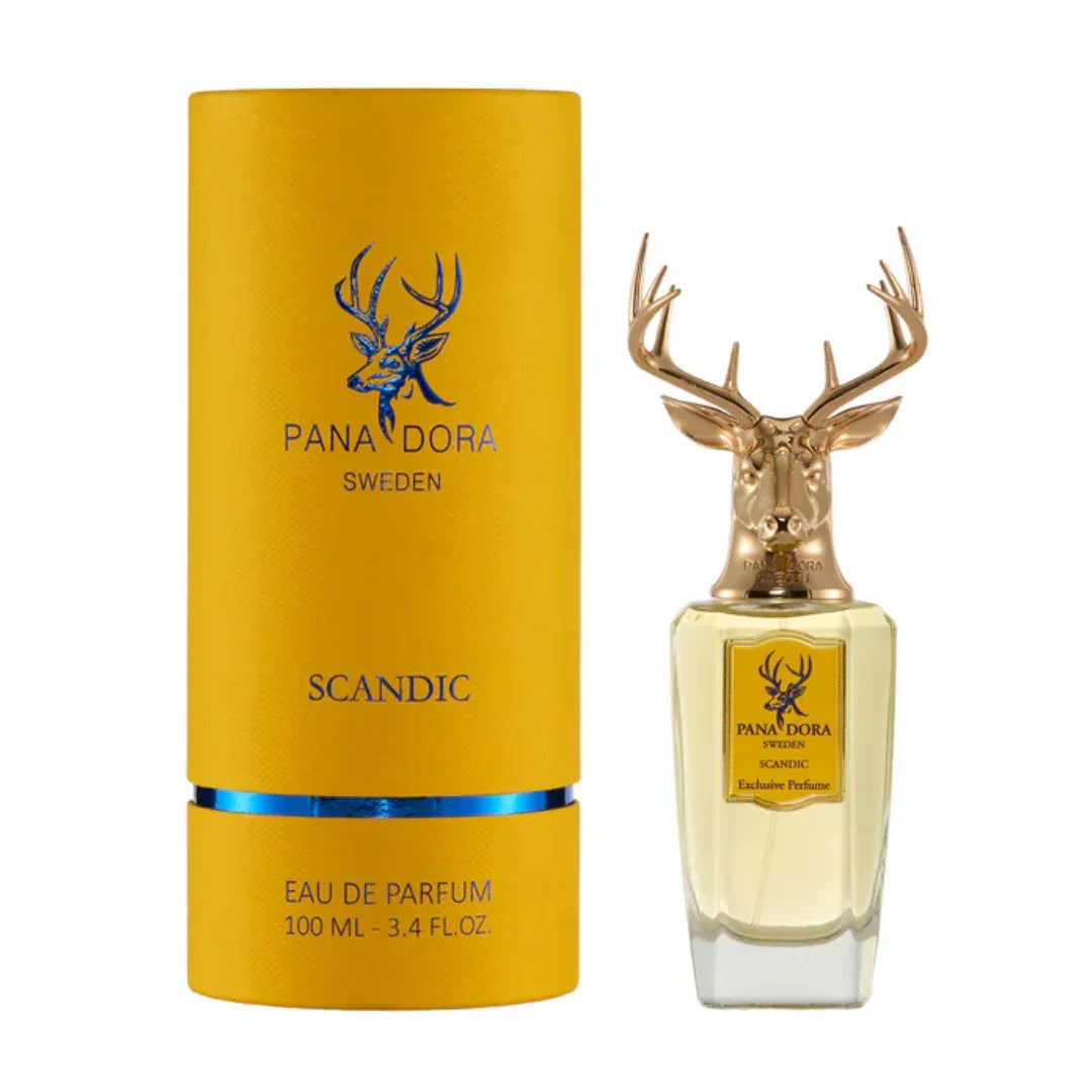 Scandic von Pana Dora. Parfümflasche mit goldfarbenem Hirschkopf-Verschluss, zylindrische gelbe Verpackung.