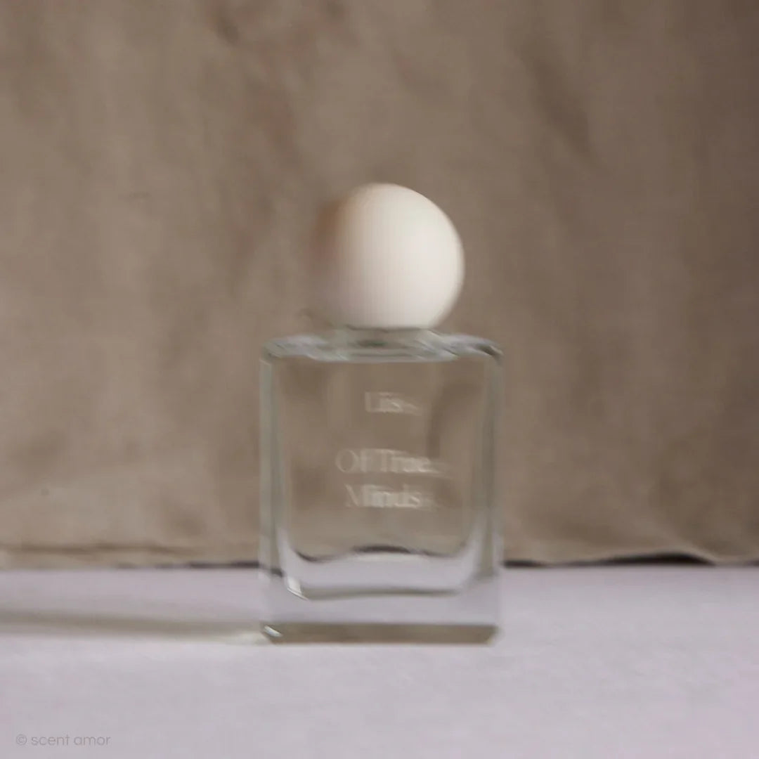 Parfumflakon "Of True Minds" von Liis, rechteckige, klare Glasflasche mit weißem, kugelförmigem Verschluss.