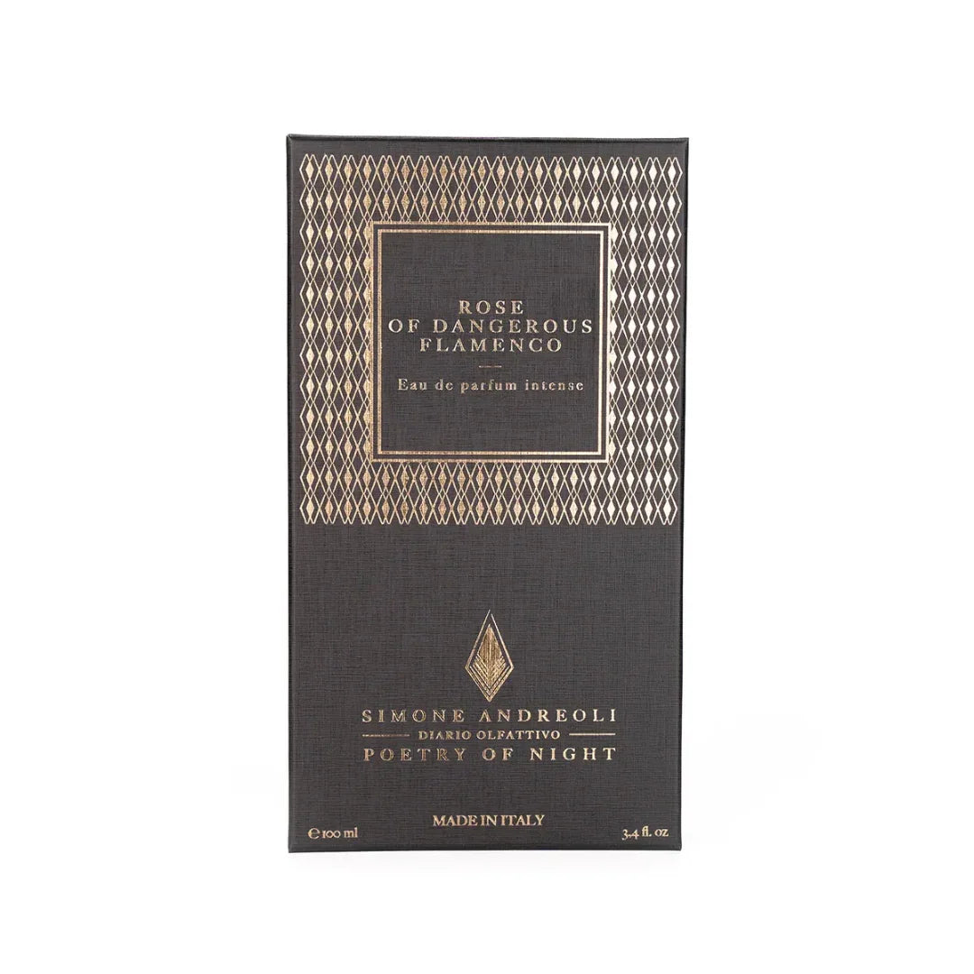 Parfümverpackung "ROSE OF DANGEROUS FLAMENCO" von Simone Andreoli, schwarzer Karton mit goldenen Schriftzügen und Mustern.