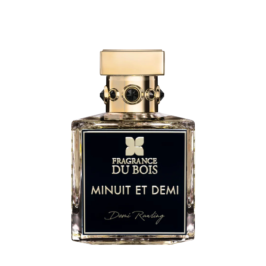 Parfümflakon "Minuit et Demi" von FRAGRANCE DU BOIS mit goldfarbenem Verschluss und schwarzem Etikett.