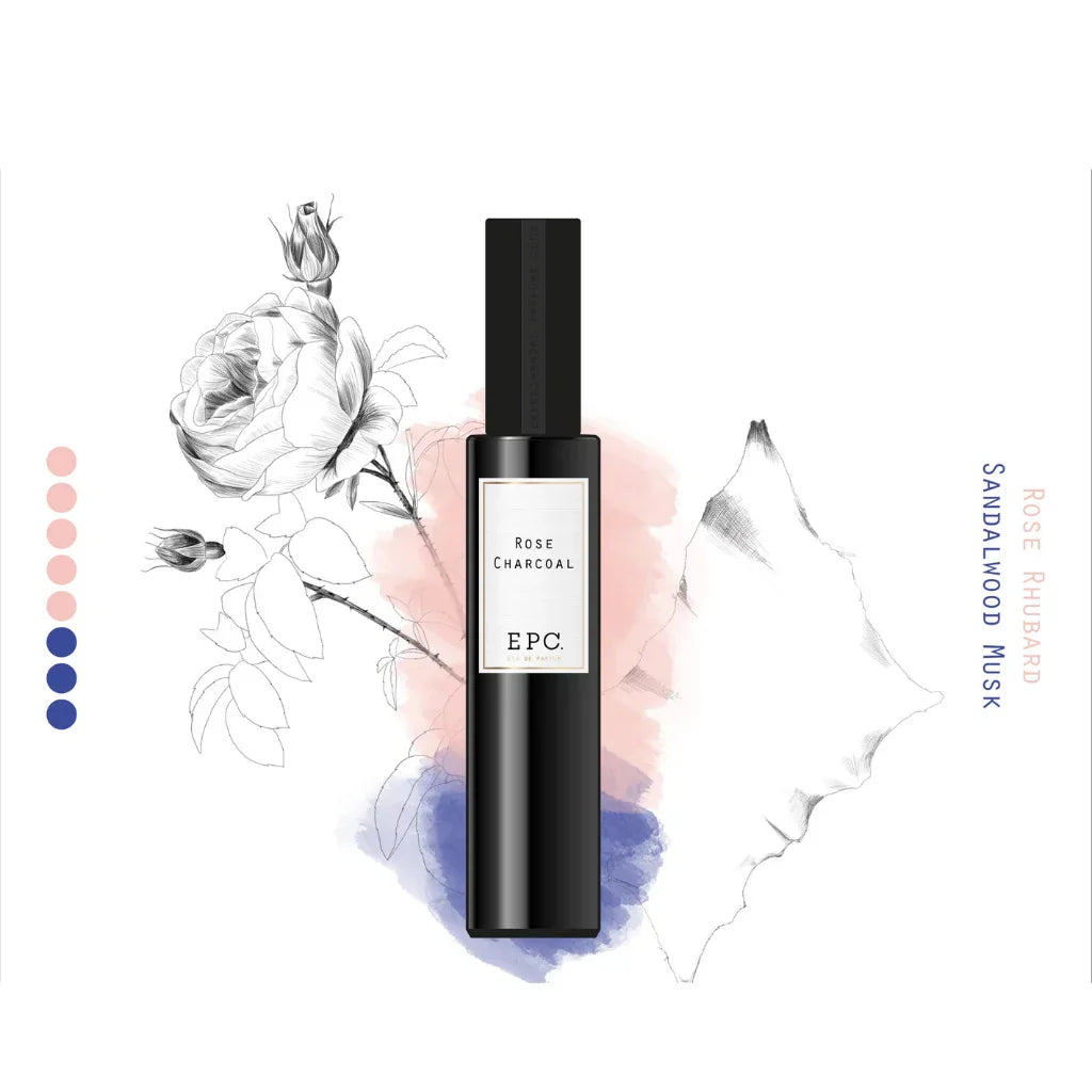 Schwarze Parfümflasche "Rose Charcoal" von Experimental Perfume Club mit Etagelabel, daneben Rosenillustration.