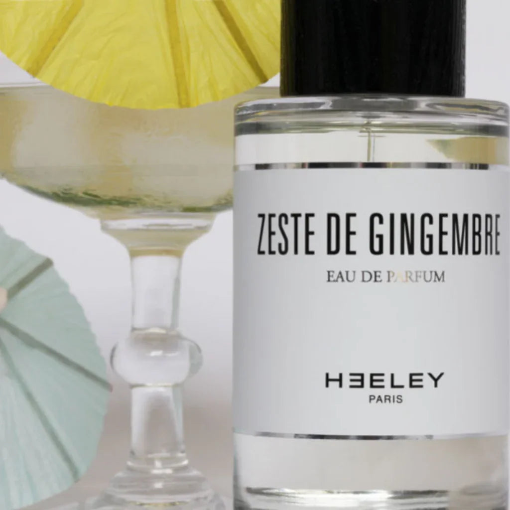 Parfümflasche "Zeste de Gingembre" von Heeley, durchsichtiger Glasflakon mit schwarzem Verschluss und schwarzer Schrift.