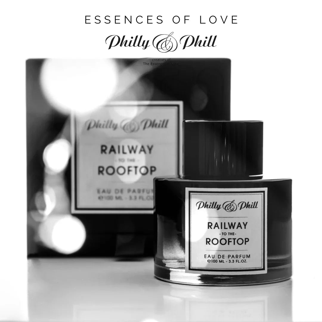 Parfümflasche "RAILWAY TO THE ROOFTOP" von Philly & Phill, rechteckiges Etikett, schwarzer Verschluss, Schatteneffekt.