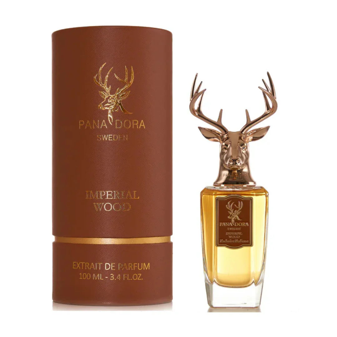 Flakon "Imperial Wood" von Pana Dora, mit goldener Hirschkopf-Kappe und brauner Zylinder-Verpackung.