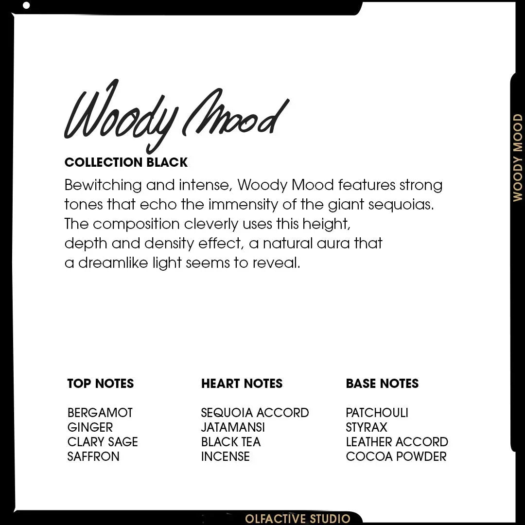 Textbild des Produkts "Woody Mood" von Olfactive Studio, mit Angaben zu Duftnoten wie Bergamotte und Patchouli, auf weißem Hintergrund.
