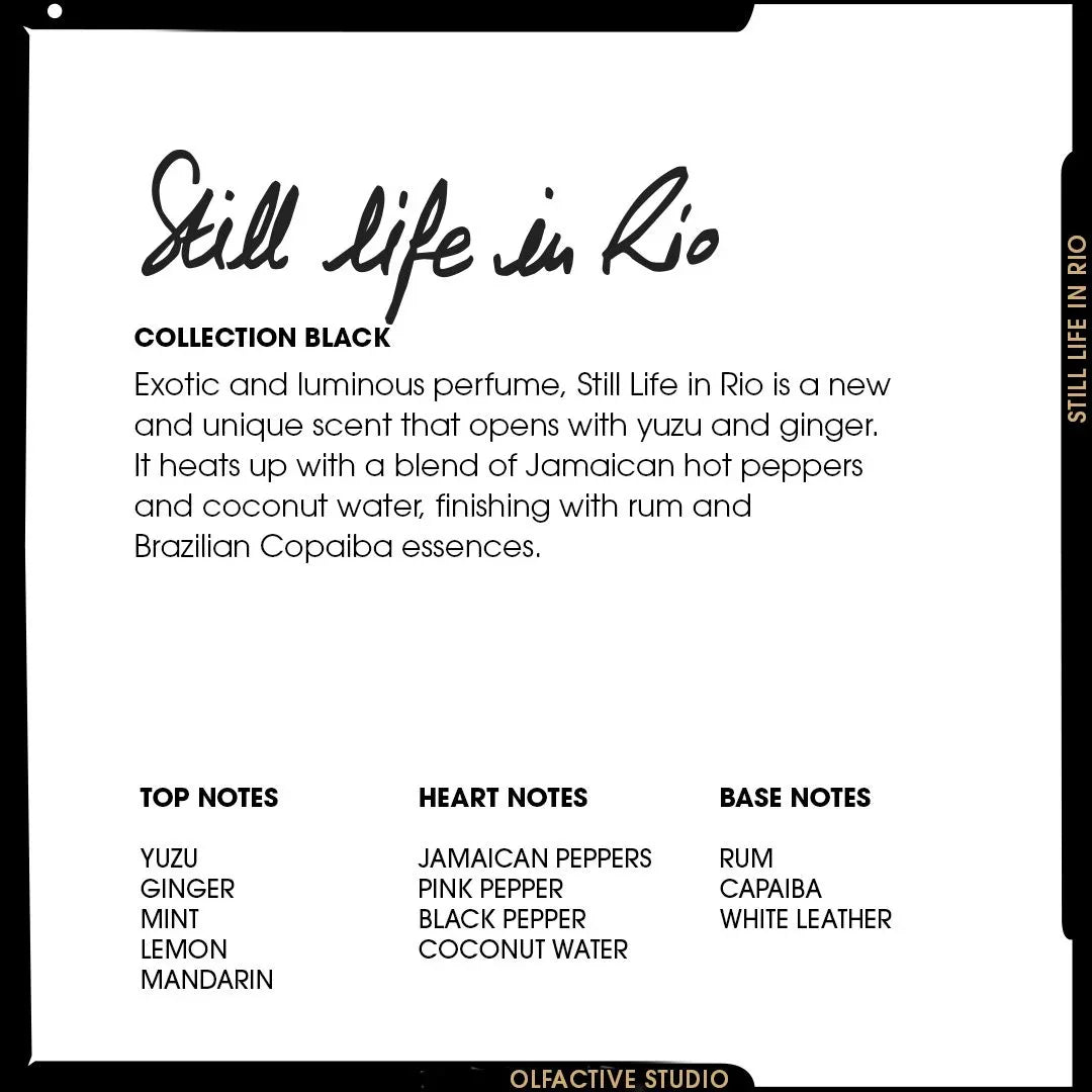Produktbildbeschreibung für "Still Life in Rio" von Olfactive Studio: Einfache Textdarstellung der Parfümbeschreibung und -noten. Enthält die Duftnoten Yuzu, Ingwer, Minze, Zitrone, Mandarine, Jamaikanischer Pfeffer, Pinker Pfeffer, Schwarzer Pfeffer, Kokoswasser, Rum, Copaiba und Weißleder.