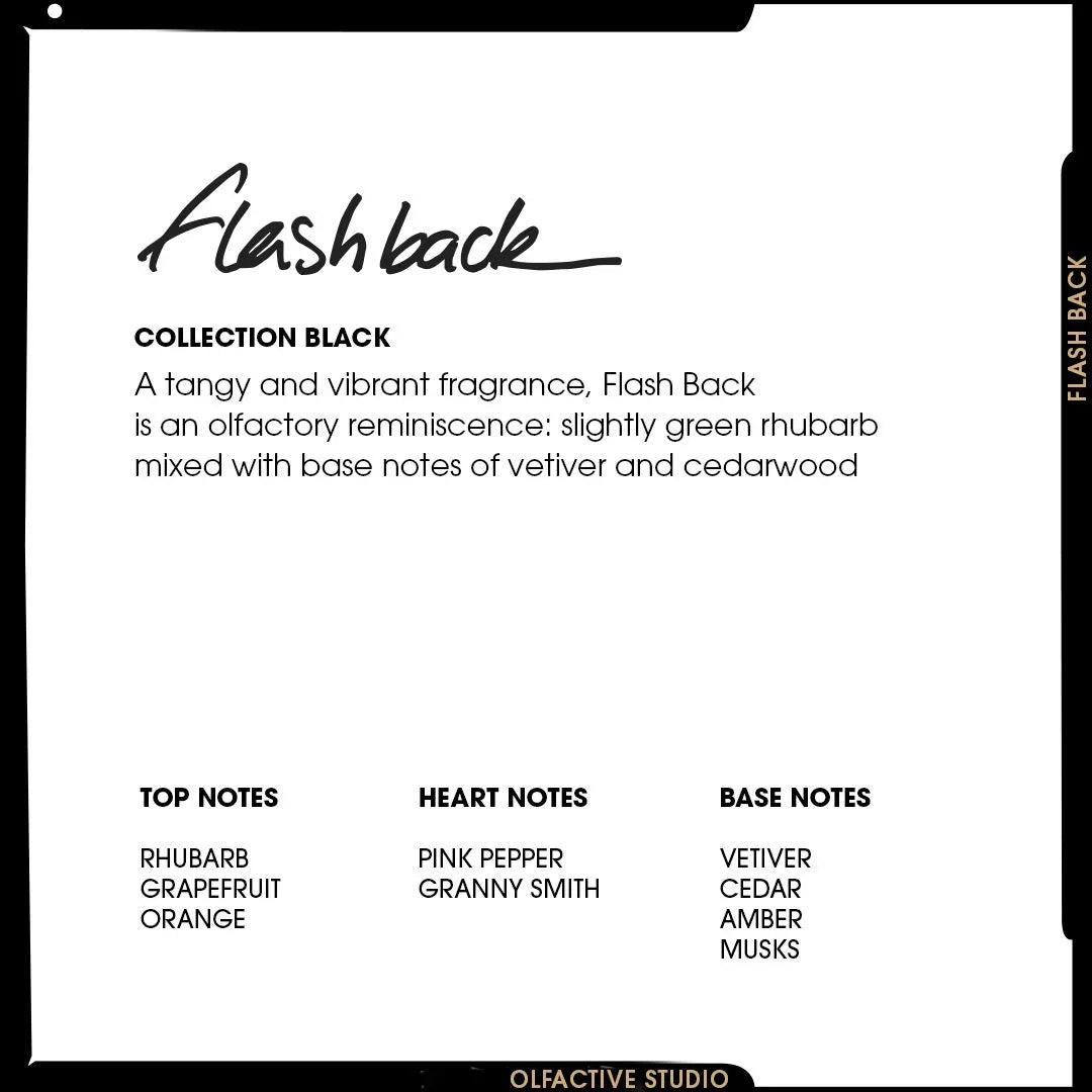 Produktbild des Parfüms "Flash Back" von Olfactive Studio mit Noten von Rhabarber, Grapefruit, Orange, rosa Pfeffer und Granny Smith.