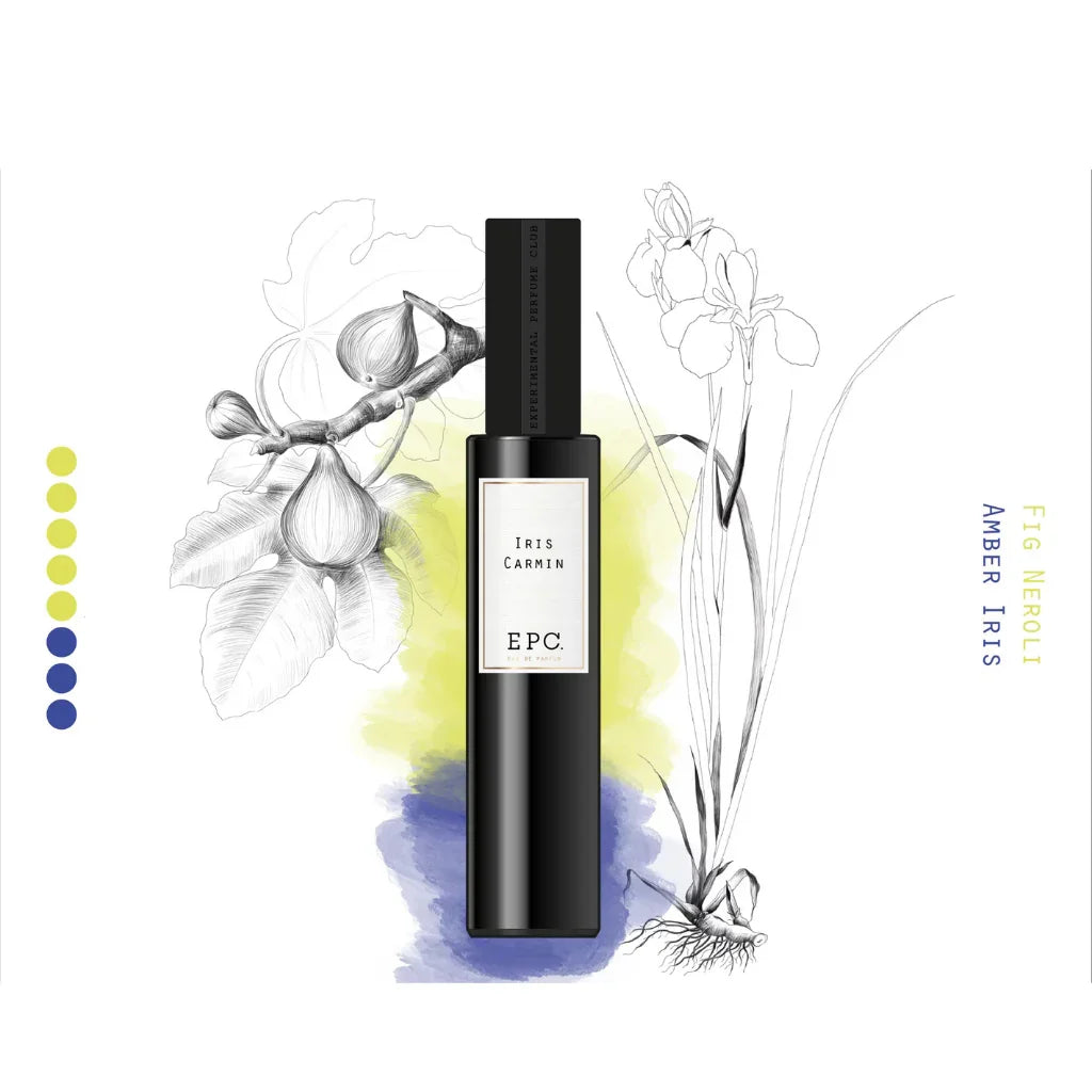 Schwarze Parfümflasche mit der Aufschrift "Iris Carmin" von "Experimental Perfume Club" vor floralen Skizzen.