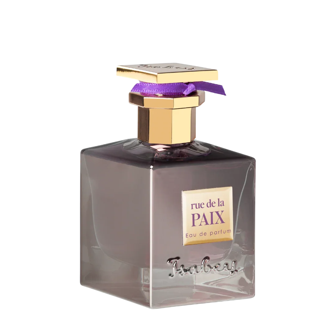 Parfümflakon "Rue de la Paix Eau de Parfum" von Isabey, eckige Form, lila Flüssigkeit, goldener Verschluss, lila Band.