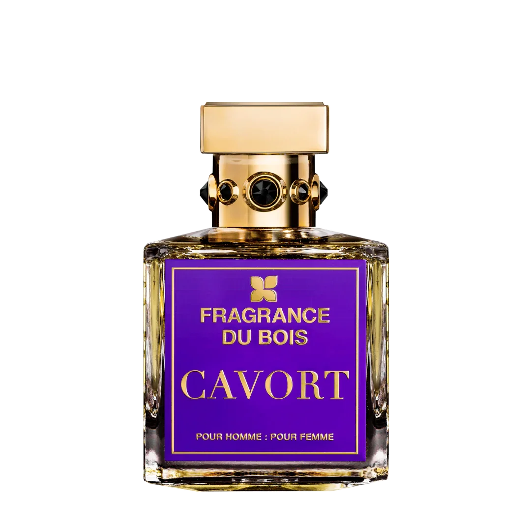 Klares Glasparfümfläschchen mit goldfarbenem Verschluss und violettem Etikett. Produktname: "Cavort". Anbieter: "FRAGRANCE DU BOIS".