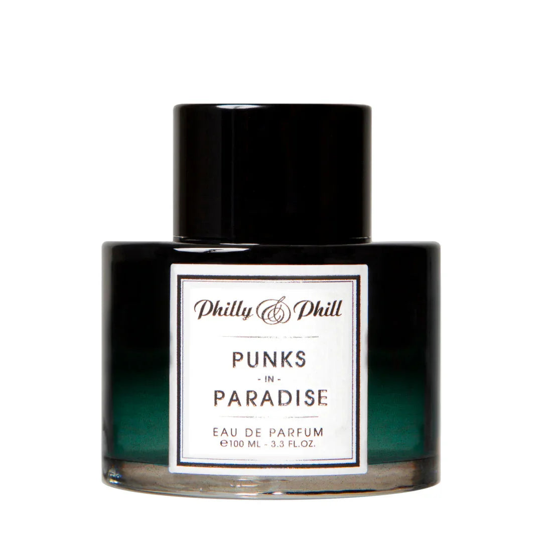 Flasche des Parfums "PUNKS IN PARADISE" von Philly & Phill mit schwarzem und grünem Farbverlauf auf dem Glas.