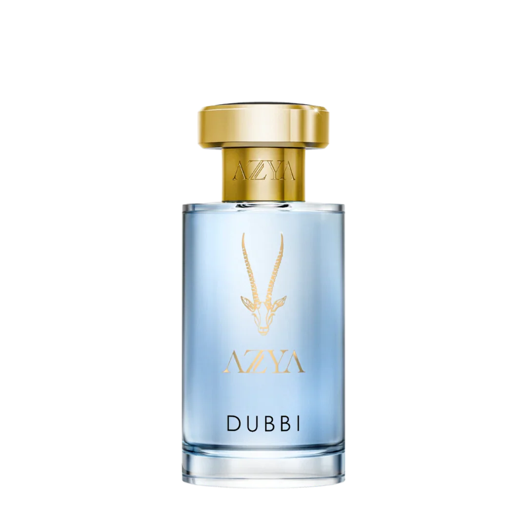 Parfümflakon "Dubbi" von Azya mit goldfarbenem Deckel, azurblauer Glasflasche und goldener Beschriftung.