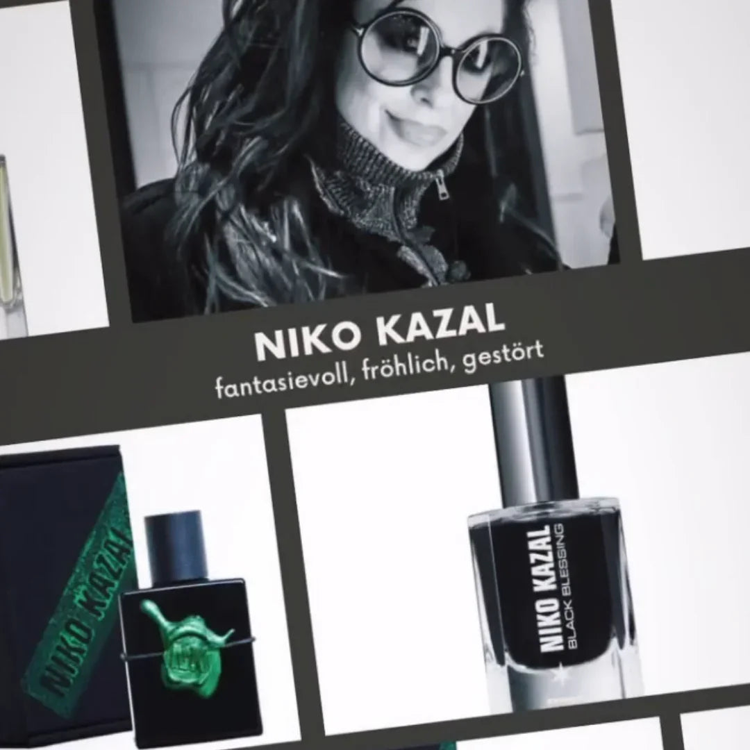 Collage mit verschiedenen Bildern. Oben ist eine Frau mit Sonnenbrille zu sehen. Darunter befindet sich der Text "NIKO KAZAL fantasievoll, fröhlich, gestört". Unten links ist eine schwarze Box mit einem grünen Motiv und "NIKO KAZAL" Text zu sehen. Unten rechts eine Flasche "NIKO KAZAL BLACK BLESSING".