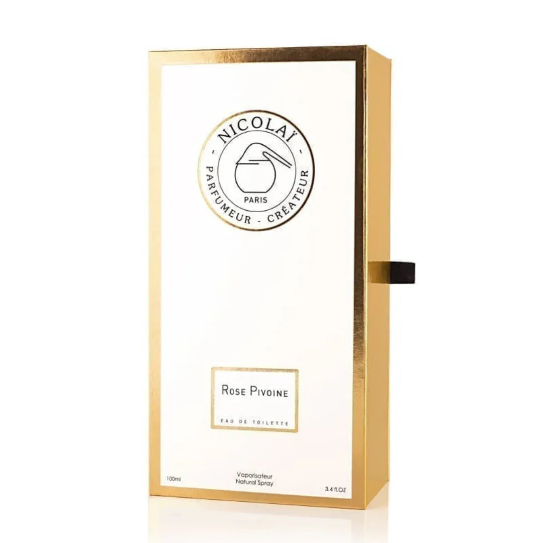 Rechteckiger Flakon "Rose Pivoine" von Nicolaï mit goldenen Akzenten, zentralem Logo und Produktname in Schwarz.