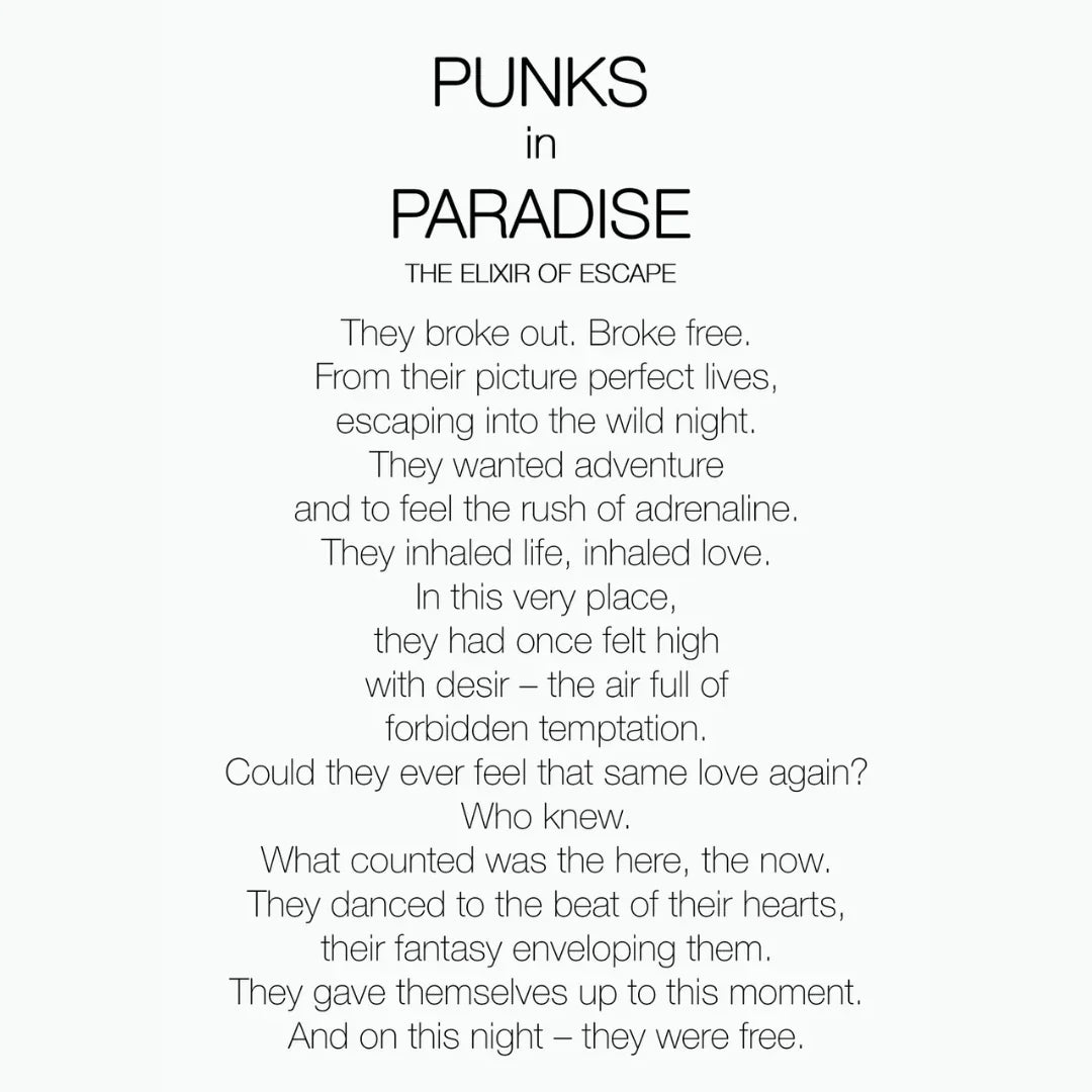 Ein Poster mit dem Titel "PUNKS IN PARADISE" von "Philly & Phill". Es zeigt einen Text über Freiheit und Abenteuer.