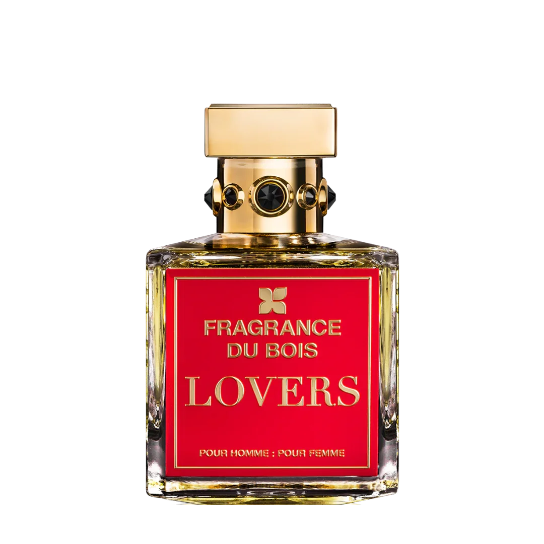 Parfümflakon "Lovers" von FRAGRANCE DU BOIS. Der Flakon ist rechteckig mit einem goldenen Verschluss und rotem Etikett.