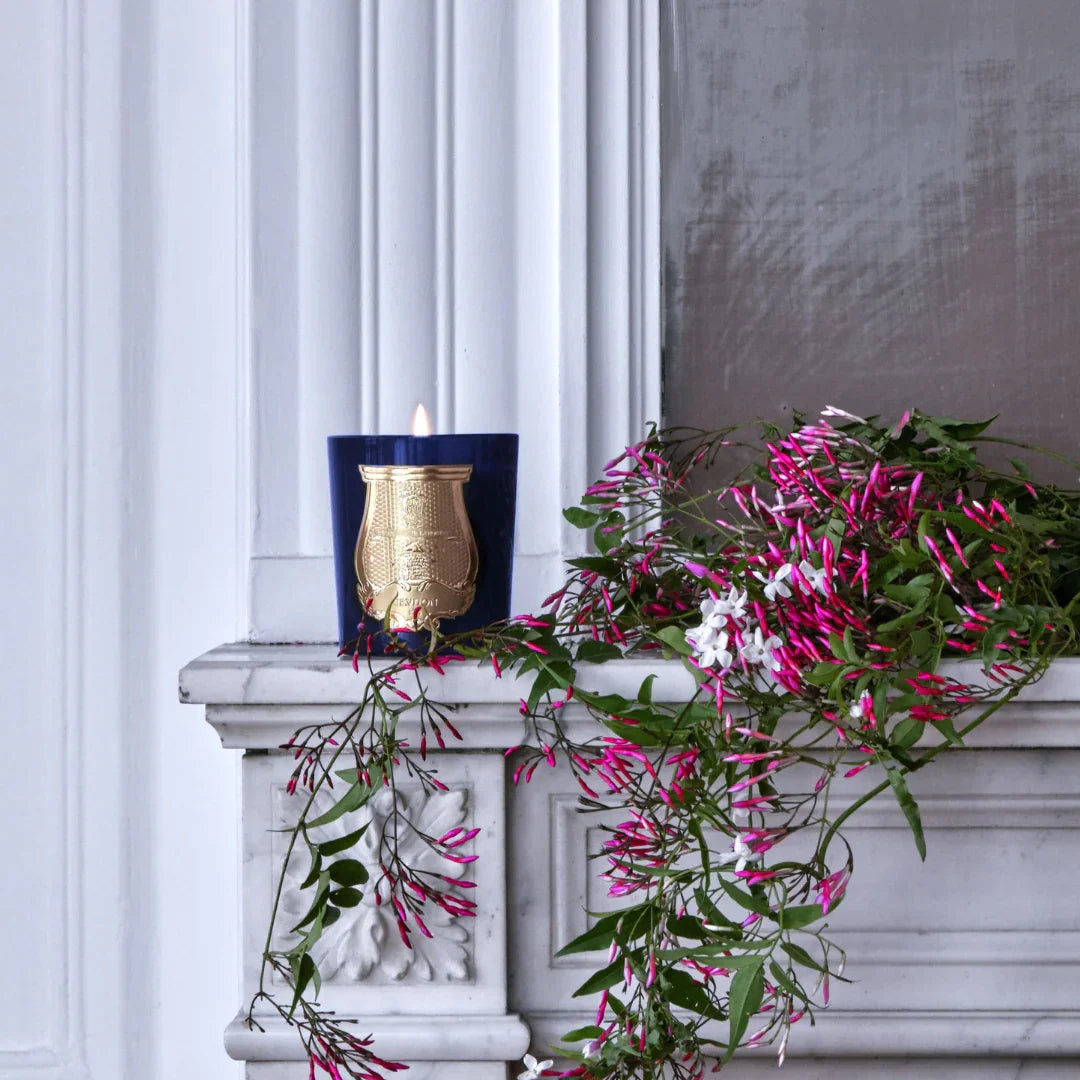 Blaue Duftkerze "Les Belles Matières - MADURAÏ" von Trudon auf einem Kaminsims, daneben Jasminblüten.
