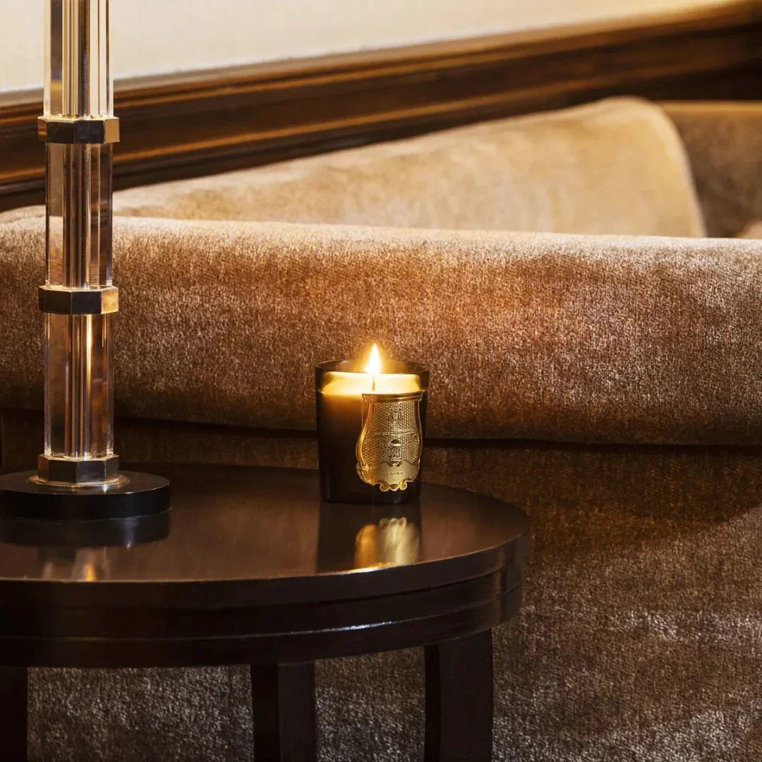 Duftkerze "MADELEINE" von Trudon auf einem Tisch. Die schwarze Kerze mit goldenem Emblem brennt und taucht den Raum in warmes Licht.