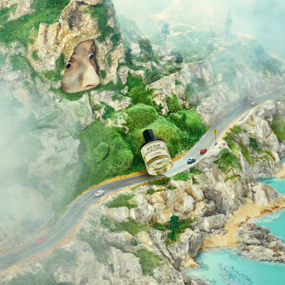 Parfümflasche "Big Sur Eucalyptus" von "D.S. & Durga" auf einer Straße an einer felsigen Küste.